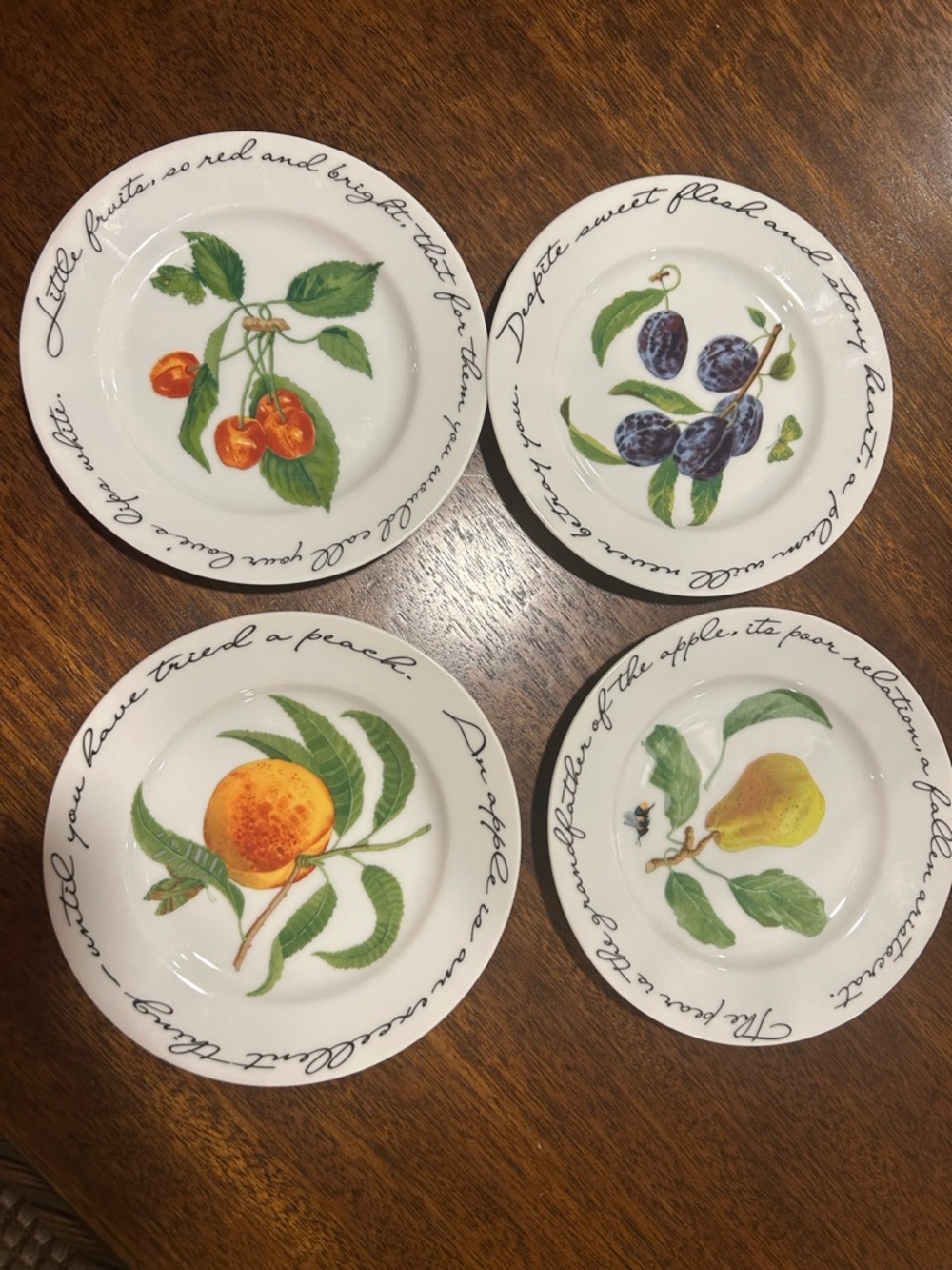 Williams Sonoma White Dessert Plates with Multicolor Fruit Illustrations
